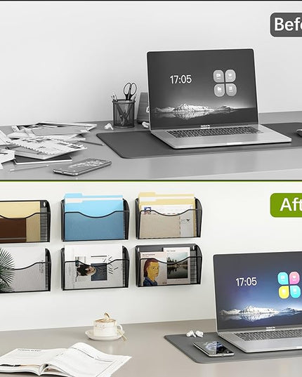 EasyPAG 6 Single Pocket Wall File Organizer, Mesh Hanging File Folder Organizer for Letter/A4 Size Folders, Wall Mounted Vertical Mail Holder for Paperwork, Office, Home, School, Black
