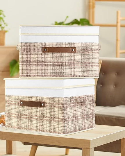 TYEERS Collapsible Storage Bins with Lids, Patchwork Design, Washable, Fabric Storage Boxes, 14.9x9.8x9.8 inches, 3 Pack, Camel Tan