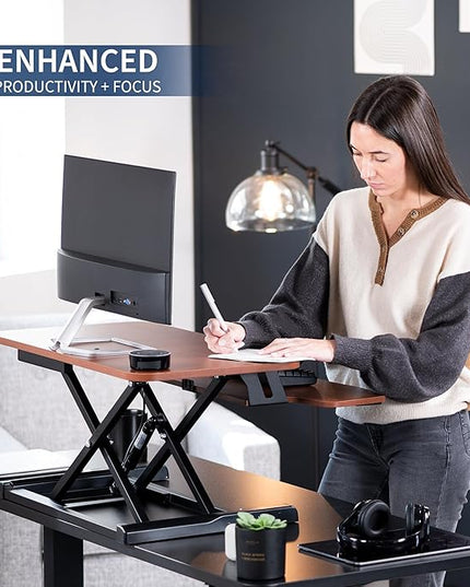 VIVO 28 inch Desk Converter, K Series, Height Adjustable Sit to Stand Riser, Dual Monitor and Laptop Workstation with Keyboard Tray, Dark Walnut Top, Black Frame, DESK-V028KA