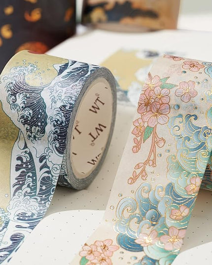 WT Waves of Rebun Washi Tape Set, 4 Rolls, Gold Foil, Decorative Masking Tape, Bujo Planner Supplies, DIY Crafts Tape, Adhesive Wrapping Tape, Paper Tape, Journaling Gifts