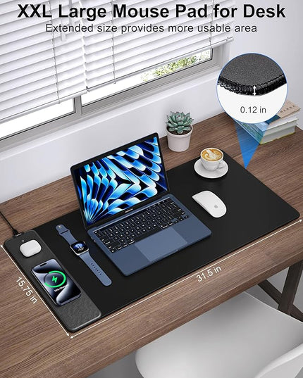 TopMade Mouse Pad with 15W Fast Wireless Charging, 31.5"x15.75" XXL Large Gaming Mousepad, Waterproof Desk Pad, Computer Desk Mat, Black(Includes 20W PD Power Adapter & 6.56ft Woven Cable)