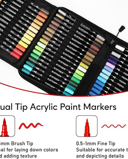 60 Colors Acrylic Paint Markers, Dual Tip with Fine Tip and Brush Tip Pens for Stone, Wood, Calligraphy, Canvas, Ceramic, Metal, Glass, Rock Painting, DIY Crafts Art Supplies Kit