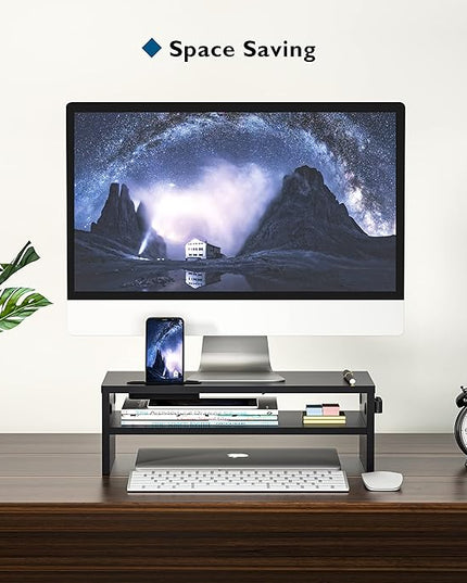 BONTEC Wooden Monitor Stand Riser, 2-Tier Desk Shelf with Storage Organizer, Ergonomic Computer Stand with Cable Management, Cellphone Holder, Black, 16.5 Inch