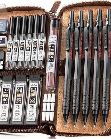 Nicpro 20PCS Black Metal Mechanical Pencil Set in Leather Case, Drafting Pencil 0.3, 0.5, 0.7, 0.9 mm & 2mm Lead Holders, 9 Tube (4B 2B HB 2H Colors) Lead Refills, Erasers For Art Sketching Drawing