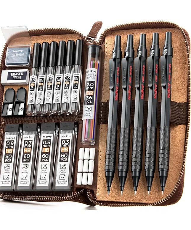 Nicpro 20PCS Black Metal Mechanical Pencil Set in Leather Case, Drafting Pencil 0.3, 0.5, 0.7, 0.9 mm & 2mm Lead Holders, 9 Tube (4B 2B HB 2H Colors) Lead Refills, Erasers For Art Sketching Drawing