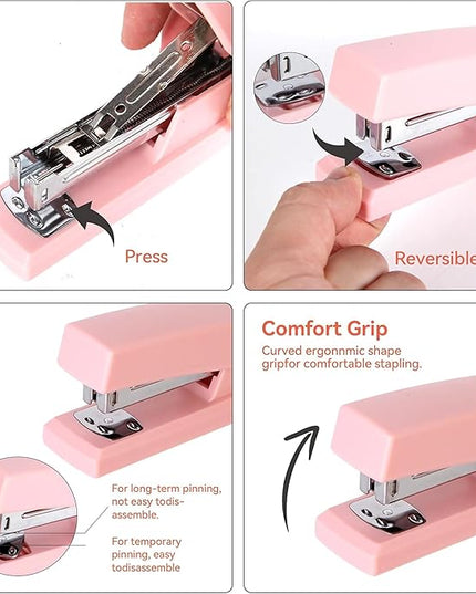 Pink Desk Accessories, Pink Office Supplies Set with Stapler, Tape Dispenser, Staple Remover, Pen Holder, Scissor, Binder/Paper Clips, Ballpoint Pen, Clear Tape and 1000pcs Staples