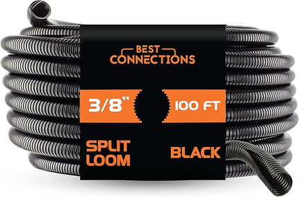 BEST CONNECTIONS 100 Ft – 3/8" Diameter Split Wire Loom Flex-Guard Convoluted Tubing with 100 Pcs x 4" Nylon Cable Zip Ties – Protective Split Cable Sleeves/Conduit – Black