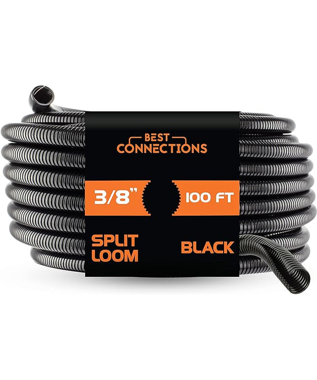 BEST CONNECTIONS Split Wire Loom Flex-Guard Convoluted Tubing Protective Split Cable Sleeves for Auto Home Industrial Electrical Wires Chemical Resistant Conduit Black (3/8" - 100 ft)