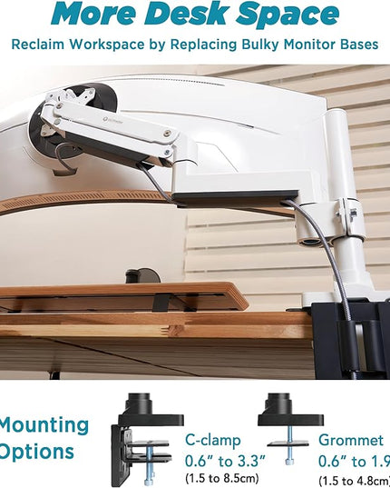 Heavy Duty Monitor Arm for Ultrawide Monitors up to 57" and 44 lbs, Single Desk Stand, Pneumatic Height Adjustable, Modular Extension Arms - Max VESA 100x100, White, MA20PW-S
