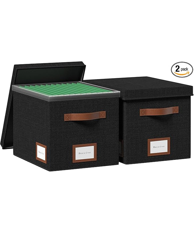 File Organizer Box with Lid File Box for Hanging Decorative File Organizer with One-Piece Integrated Plastic Slide Rail (Black, 13.2x10.1x10.1inch(2pack))