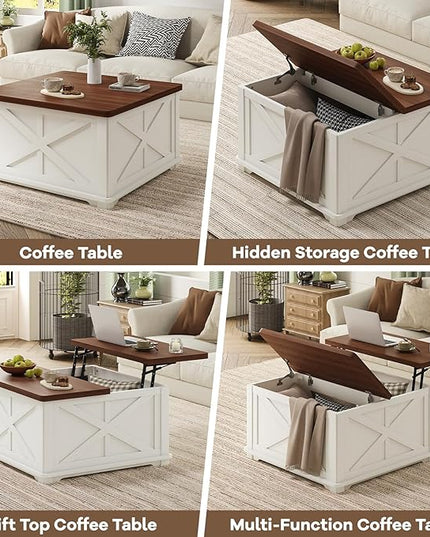 Airynee Farmhouse Coffee Table with Hydraulic Lifter, Square Coffee Table with Large Hidden Storage Compartment for Living Room, Wooden Coffee Tables with Brown Flip-Top Lids for Home Office, White