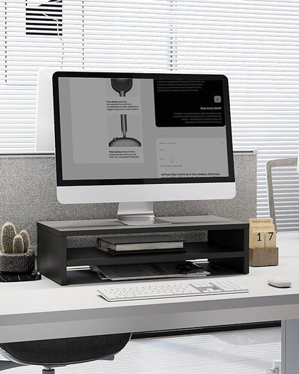 FITUEYES Monitor Stand - 2 Tier Computer Monitor Riser with 21.3 Inch Shelf, Wood Desktop Stand for Laptop Computer Screen, Desk Organization, Office Supplies