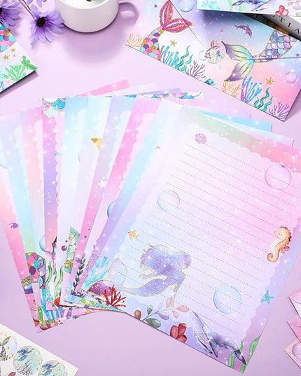 TaoBary 160 Pcs Stationery Paper Set 50 Double Sided Stationery Papers with 50 Matching Envelopes and 60 Round Dot Sticker, 10 Design(Mermaid,8.5 x 11 Inch)