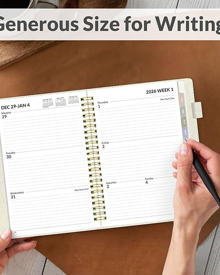 SUNEE 2026 Weekly & Monthly Planner 6.4"x8.5"- 12 Month (January 2026 - December 2026), Vegan Leather Cover, Pocket, Bookmark, Notes, Monthly Tab, Beige