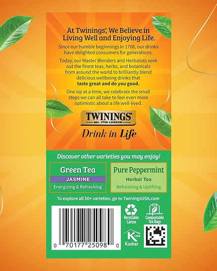 Twinings Green Tea with Mint Individually Wrapped Bags, 20 Count (Pack of 1), Invigorating Aroma, Caffeinated, Enjoy Hot or Iced, 20 Teabags