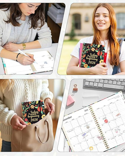 2026 Planner, Weekly and Monthly Planner, January 2026 - December 2026, Calendar Planner A5 (6.5" x 8.5") with Tabs, Inner Pocket for Home School Office Supplies, Black Flower