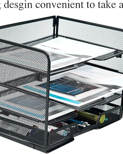 SETTFRFE 4 Tier Mesh Paper Letter Tray,Desk File Organizer with A Sliding Drawer,Office Supplies Desk Organizer for Home Office,Black.