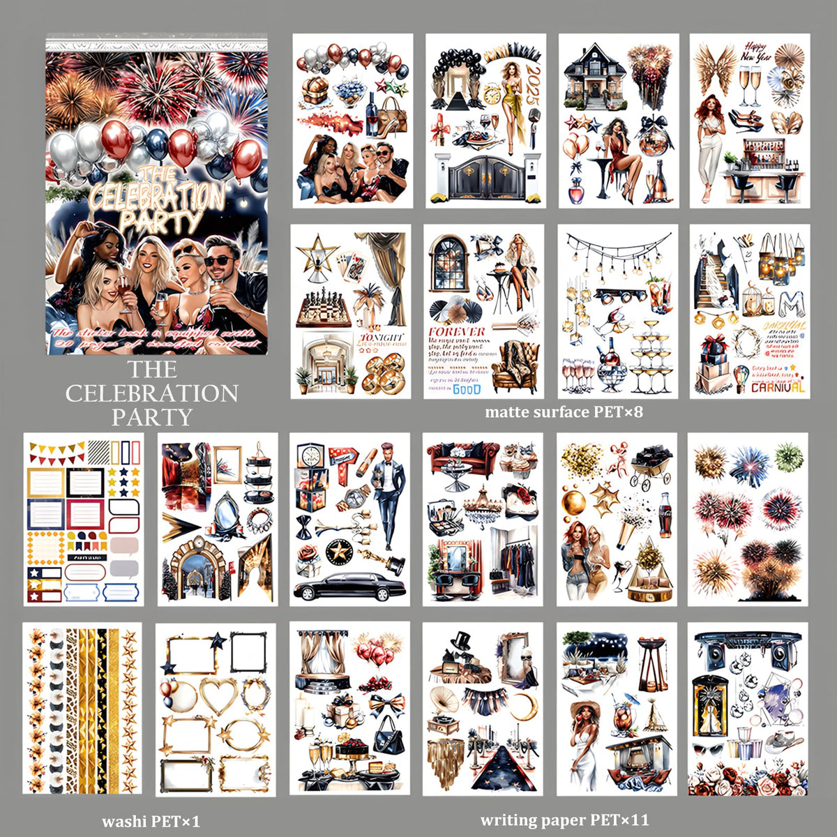 Snycler The Celebration Party Theme Sticker Scrapbooking Supplies for Junk Journal, 20 Sheets PET Stickers - Vintage Journaling Stickers, Ephemera Sticker Book Pre Cut, Junk Journal Supplies
