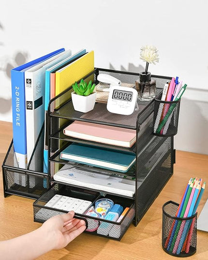 Marbrasse Desk Organizer with File Holder, 5-Tier Paper Letter Tray Organizer with Drawer and 2 Pen Holder, Mesh Desktop Organizer and Storage with Magazine Holder for Office Supplies(Black)
