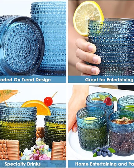 Hobnail Drinking Glasses Set of 6,12oz Blue Vintage Glassware,Cocktail Glasses,Embossed Glass Cups,Water Tumbler for Whiskey, Juice and Various Mixed Drinks