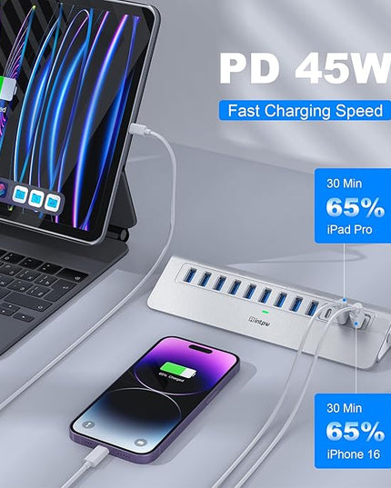 YH9AC Powered USB Hub 10Gbps, intpw 12 Port USB C Hub with 10Gbps USB C 3.2+2 USB A 3.2, 7 USB 3.0, 2 PD 45W Charging Port, 65W Power Adapter + 3.3FT Cable, Aluminum USB Hub for Laptop/iPhone 17/16/PC