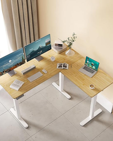Claiks L Shaped Standing Desk Adjustable Height, Dual Motor Electric Corner Standing Desk, 63x55 inch with Splice Board, Bamboo