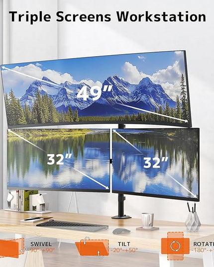 PUTORSEN Triple Monitor Mount for Up to 49" Ultrawide and 32" Monitors per Side Arm, Extra Tall 3 Monitor Desk Mount Holds up to 44 lbs, VESA 75/100 mm