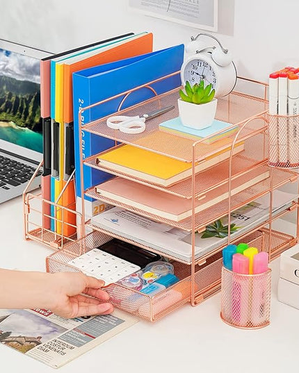 Marbrasse Rose Gold Desk Organizer with File Holder, 5-Tier Paper Letter Tray Organizer and Drawer, Mesh Desktop Storage with Magazine Holder for Office Supplies