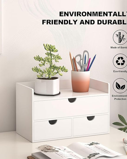 Bamboo Desk Organizer with Drawers Desktop Storage Drawers for Bills Office Supplies Kitchen Utensils Organizing Tool for Home Classroom Organization No Assembly (White with Shelf)