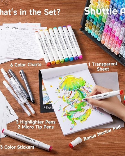 Shuttle Art 206 Colors Alcohol Markers, 204 Colors Dual Tip Art Marker Set Plus 2 Colorless Blender, Micro-tip Pens, White Highlighter Pens, Marker Bag Perfect for Students Adults Coloring