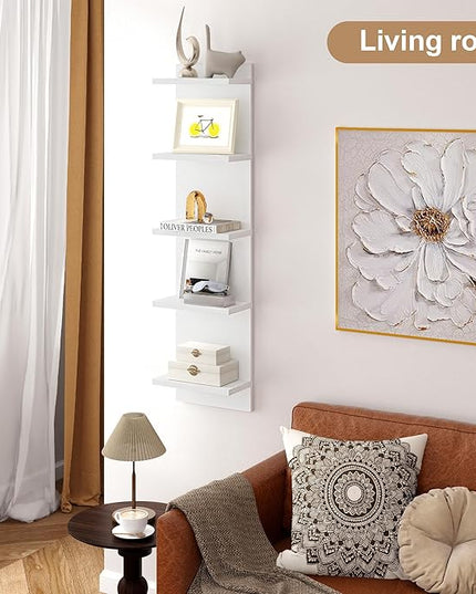 Fun Memories 5-Tier Wall Shelf Unit, 48" Tall Floating Storage Organizer for Bedroom, Living Room, and Home Decor, White Vertical Shelving Unit