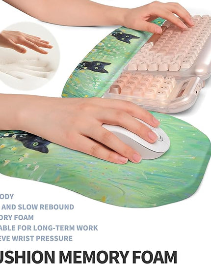 2-in-1 Ergonomic Set, Wave Keyboard Wrist Rest and Massage Slope Mouse Pad Wrist Support, Rebound Memory Foam for Relieve Carpal Tunnel Syndrome and Wrist Pain (Oil Painting Cats)
