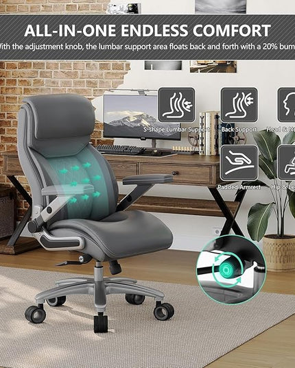 Big and Tall Office Chair with 5D Arms, 600lbs Heavy Duty Desk Chair with Adjustable Lumbar Support, PU Leather High Back Ergonomic Executive Computer Chair with 3'' Silent Casters