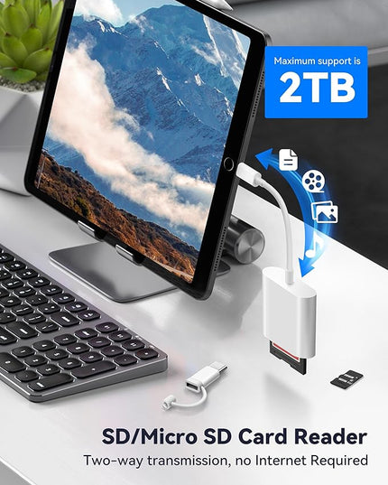 SD Card Reader for iPhone iPad, Dual Connector (Lightening&USB-C) Micro SD Memory Card Reader, 2 in 1 SD and TF Card Adapter Portable Trail Camera Viewer, No Driver Needed, Plug and Play
