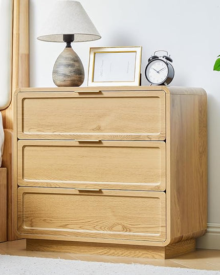 Turtle&Myrtle Modern 3 Drawer Dressers for Bedroom, 26'' Wide Wood Nightstand w/3 Storage Drawers, End Table, Dresser & Chest of Drawers with Curved Profile for Living Room Entryway, Natural