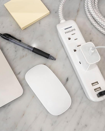 Philips Surge Protector Power Strip, 3 Outlet Surge Protector, 6Ft Cord Power Strip, Surge Protector with USB Ports, 3-Prong Flat Plug Power Strip, 360J Surge Protector Outlet, White, SPP3306WB/37