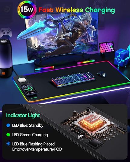 3-in-1 RGB Gaming Mouse Pad with Magnetic Wireless Charging, 31.5"x15.8" Large, 24 Light Effects, Non-Slip Base, Waterproof Ultra-Smooth Surface, with Adapter