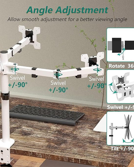 WALI Dual LCD Monitor Fully Adjustable Desk Mount Stand Fits 2 Screens up to 27 inch, 22 lbs. Weight Capacity per Arm (M002-W), White