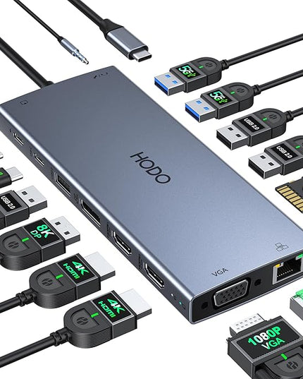 USB C Docking Station Dual Monitor for Dell HP, Laptop Docking Station 3 Monitors 15-in-1 USB C Hub Dock with Dual 4K HDMI+8K DP +VGA+6USB Ports+PD+Ethernet+SD/TF+Audio,USBC Adapter Dongle for Lenovo