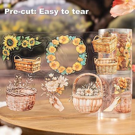 AuriicLeaf Flower Basket PET Tape Set, 6 Rolls Pre-Cut Vintage Floral Scrapbook Supplies for Journaling, DIY Crafts, and Planners,with Clip