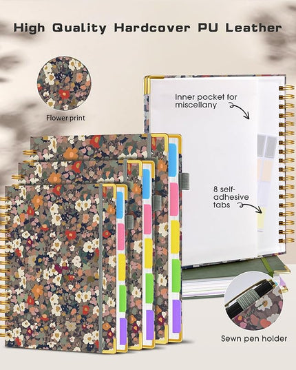 Hardcover Spiral Notebook journal with Removable Dividers Tabs, 300 Pages Leather 5 Subject Notebook College Ruled, 100GMS Notebooks for Work School Note taking,Lined Journal for Women,A5-Flower