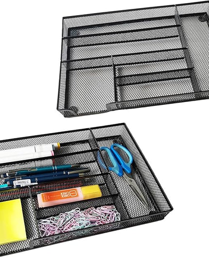 Desk Drawer Organizer Metal Mesh Drawer Organizer Tray for Office School or Home Supplies Desktop Storage Stationery, 6 Compartments, 12.6 x 8.27 x 1.57 inch，Black (2pc pack)