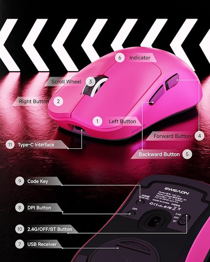 EWEADN X23Pro Wireless Gaming Mouse, PAW3311 Sensor, 49g Lightweight Mouse, 12000 DPI, 2.4G/BT5.0/USB-C Rechargeable Wireless Mouses with 6 Programmable Buttons for Laptop/PC/Mac, Pink
