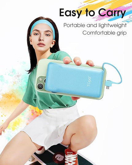 TG90° 10000mAh Power Bank with Built-in AC Wall Plug and Cables, Ultra Slim Phone External Battery Pack Portable Charger Compatible with iPhone and Android Devices