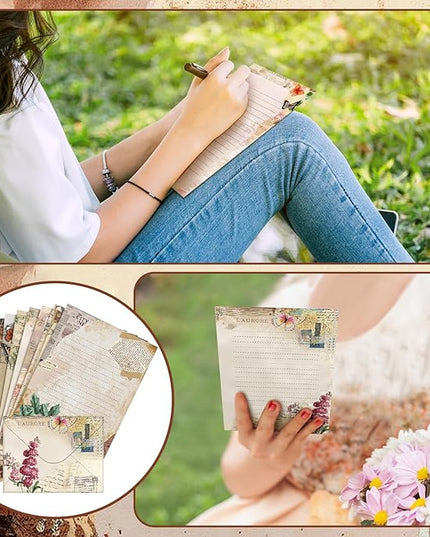 TaoBary 160 Pcs Stationery Paper Set 50 Double Sided Stationery Papers with 50 Matching Envelopes and 60 Round Dot Sticker, 10 Design(Nature Vintage Style,5.5 x 8.25 Inch)