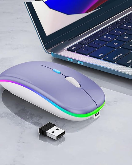 Wireless Bluetooth Mouse Rechargeable Laptop Mice with LED Lights Silent Slim Use(BT5.2 and 2.4G Portable USB Receiver)Dual Mode Computer Mouse for Laptop/iPad/Tablet/Apple/Computer/Mac(Purple)