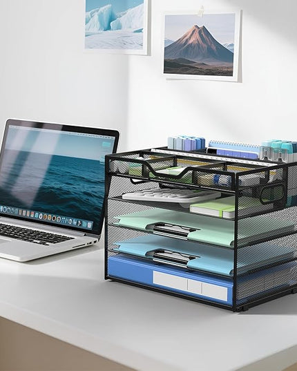 Docnest 5 Tier Mesh Desk Organizer- Letter Tray with Adjustable Compartments, Mesh Desktop Storage Built in Pen Holder and Handles, Desk Organizer Tray for Mail Documents Office Supplies-Black