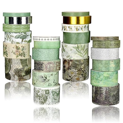 Sifaolp Washi Tape Set, 24 Rolls Vintage Washi Stickers, Assorted Sizes, for Junk Journal Scrapbook Tape, Bullet Journaling Scrapbooking Supplies, Planner Sticker DIY Craft DéCor (Green)