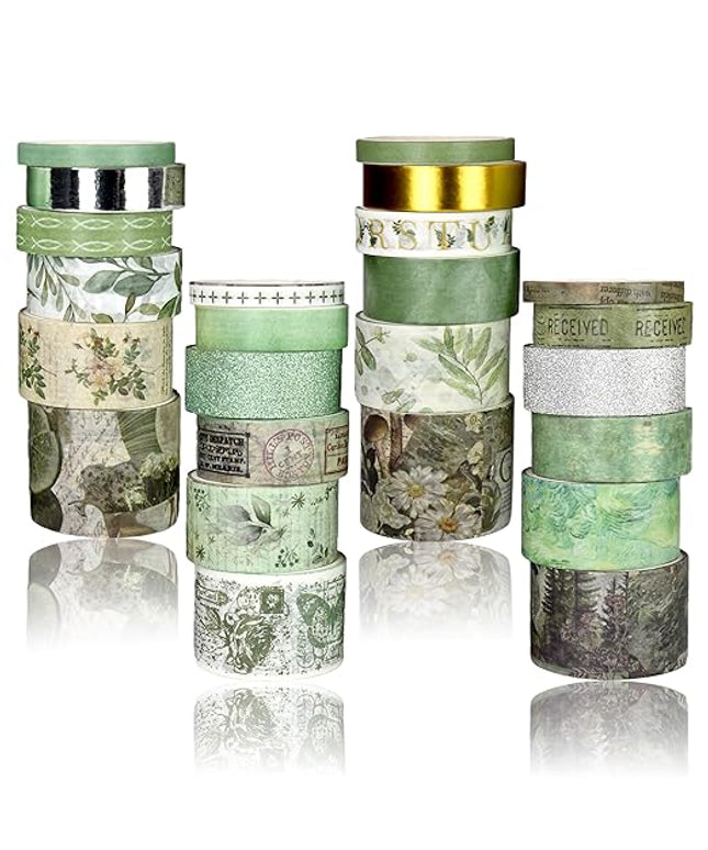 Sifaolp Washi Tape Set, 24 Rolls Vintage Washi Stickers, Assorted Sizes, for Junk Journal Scrapbook Tape, Bullet Journaling Scrapbooking Supplies, Planner Sticker DIY Craft DéCor (Green)