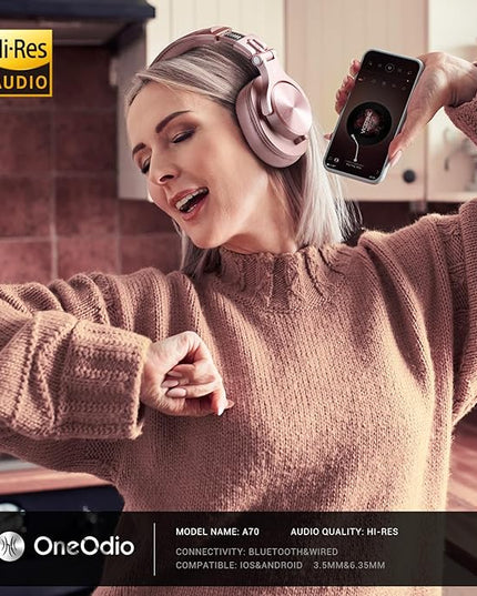 OneOdio A70 Bluetooth Over Ear Headphones, Wireless Headphones w/ 72H Playtime, Hi-Res, 3.5mm/6.35mm Wired Audio Jack for Studio Monitor & Mixing DJ Guitar AMP, Computer Laptop PC Tablet - Rose Gold